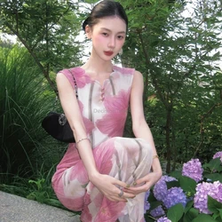 Sexy Chinese Style Printed Mesh Cheongsam Dress for Women Slim-Fit Elegant Mermaid Long Dress Daily Sleeveless Qipao Dress