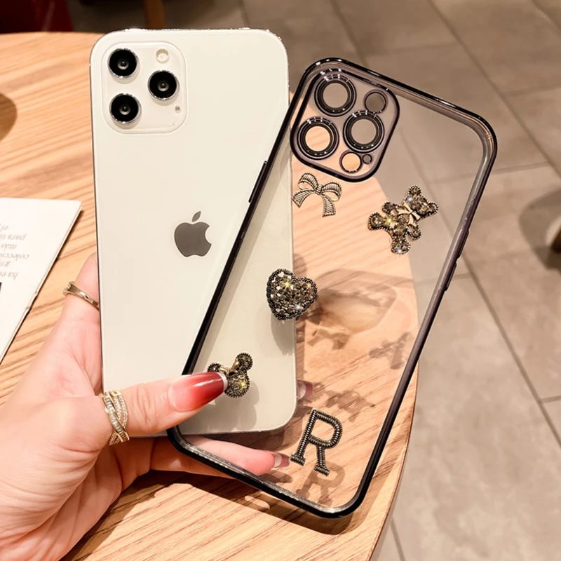 Coque transparente en Silicone pour iPhone, compatible modèles 7, 8 Plus, 14, 13, 12, 11 Pro Max, X, XR, XS, luxueuse, avec placage de strass