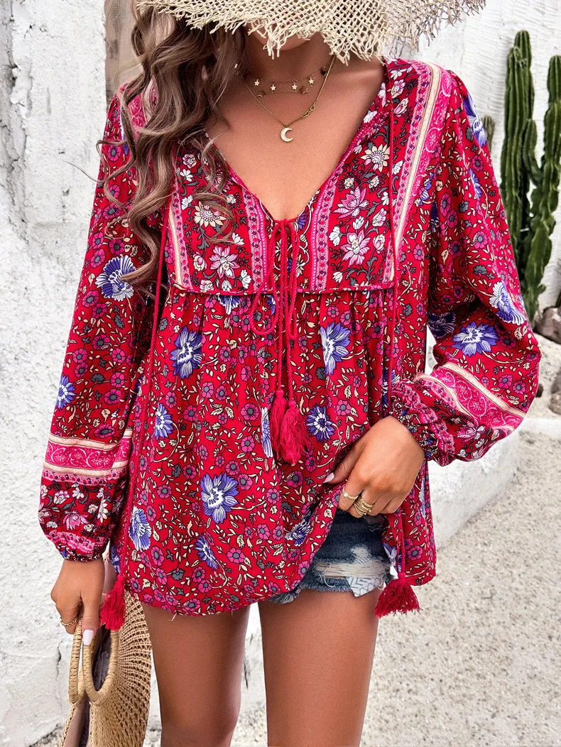 Boho Cotton Rayon Floral Printed Blouses Shirts For Women Vintage Long Sleeve V Neck Spring Summer Blouse Beach Holiday Tops