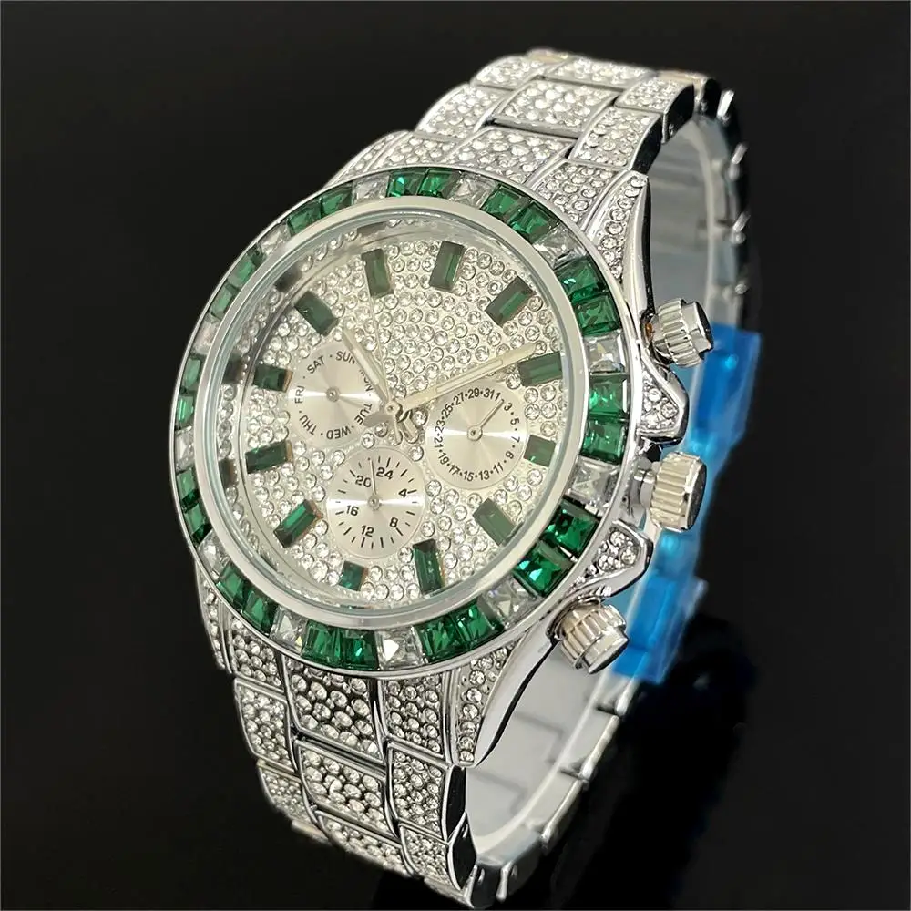 Hot Sell Luxury Green Iced Watch For Men Fashion Stainless steel Quartz Wristwatch Hip Hop Rainbow Diamond AAA Watches Man Reloj