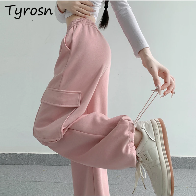 

Cargo Pants Women Solid Big Pockets Loose Casual American Style Streetwear High Wasit Drawstring Cool All-match Spring Fashion