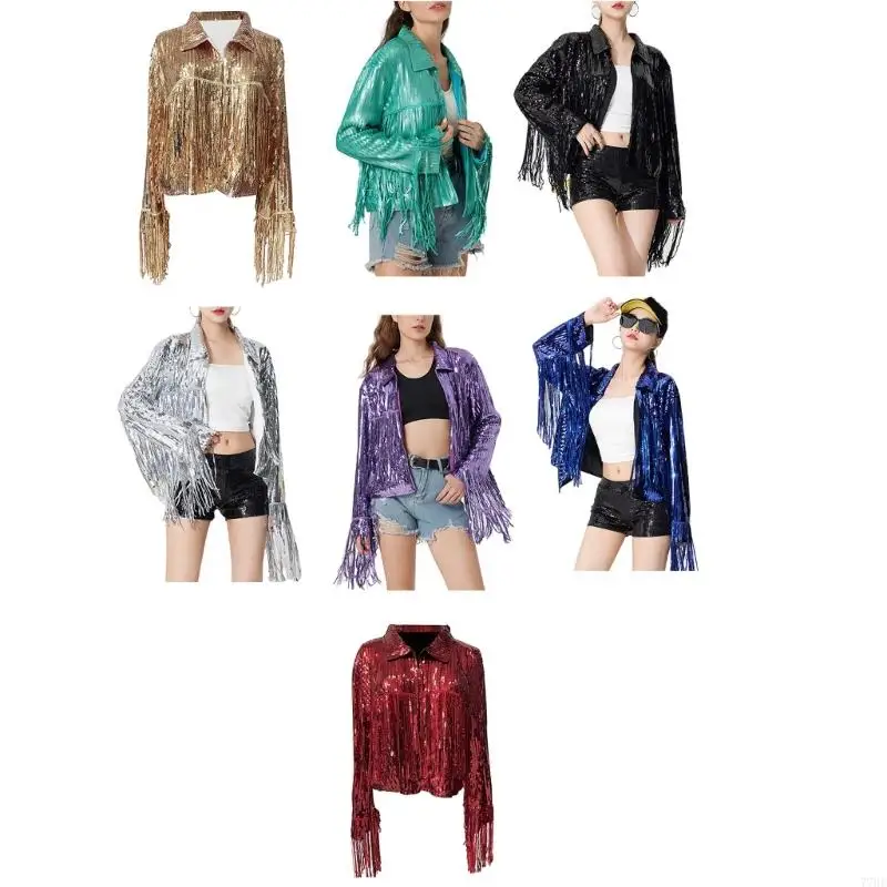 77HE Sequins Fringe Long Sleeve Short Jackets Cardigan Open Front Tassels Cowgirl Party Outerwear for Women