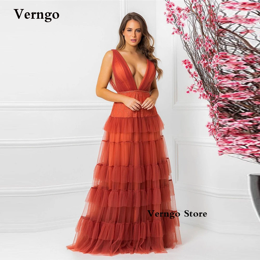 

Verngo Burnt Orange Tulle Long Prom Dresses Deep V Neck Tiered Floor Length Evening Gowns Elegant Women Formal Party Dress