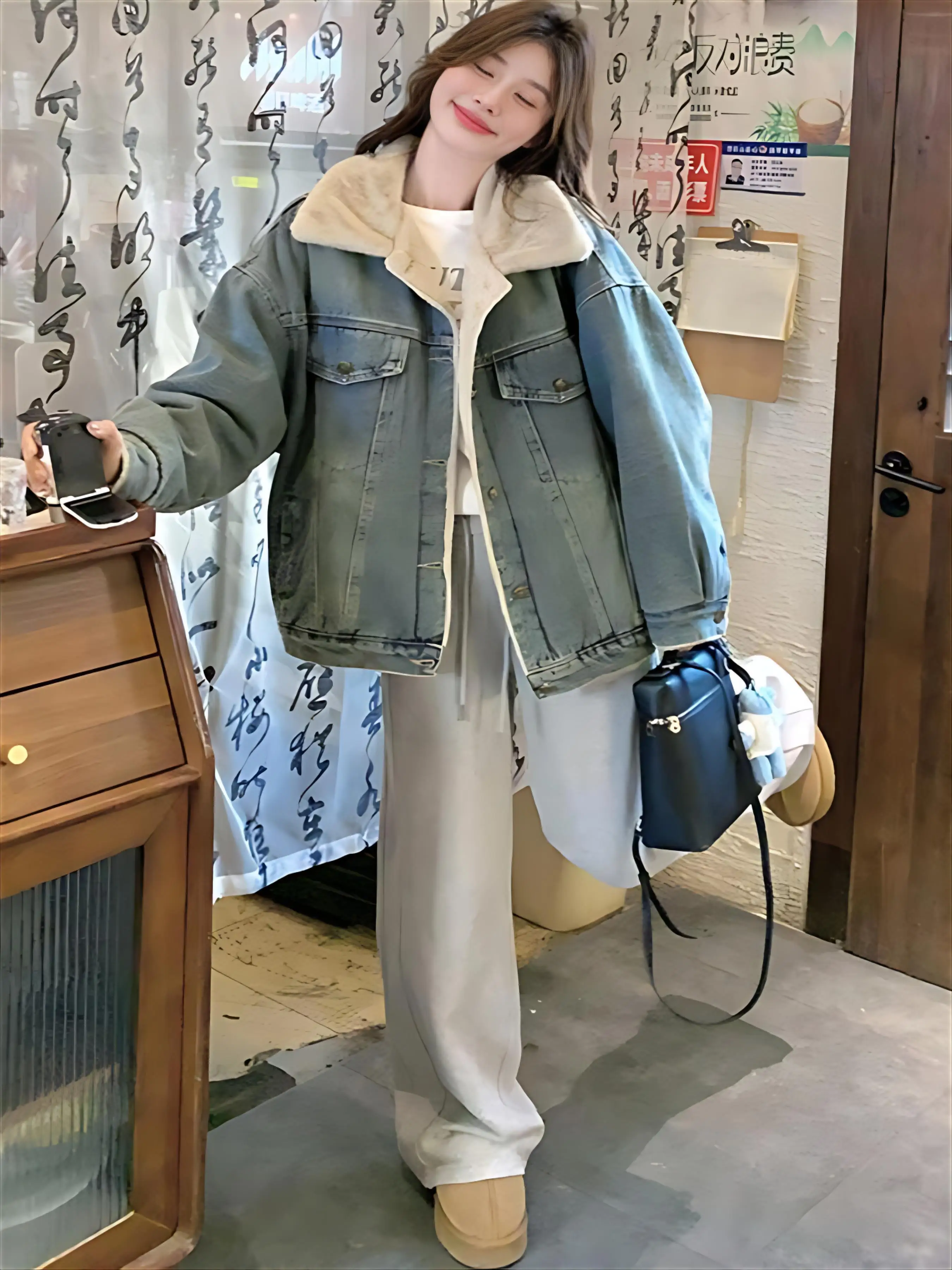 

Denim Coat Good Quality Fur Plush Womens Winter Ultra-Short Minimalist Modern Professional Urban Office Fuzzy Snap Button Jacket