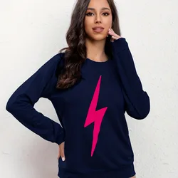 High Quality Fashionable and Minimalist Women's New Round Neck Long Sleeved Lightning Decal Hoodie