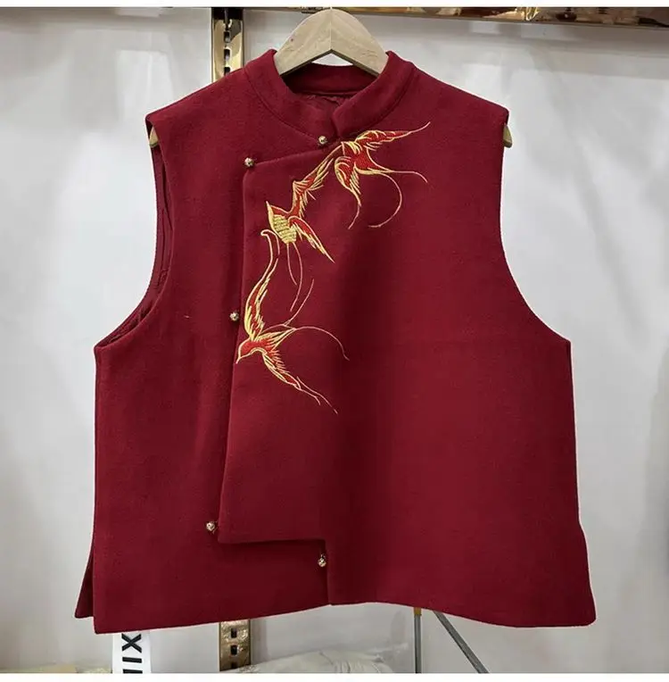 

New Chinese National Style Red Double-Sided Woolen Stand-up Vest Lady's Light Luxury Embroidered Stand-up Collar Vest Coat