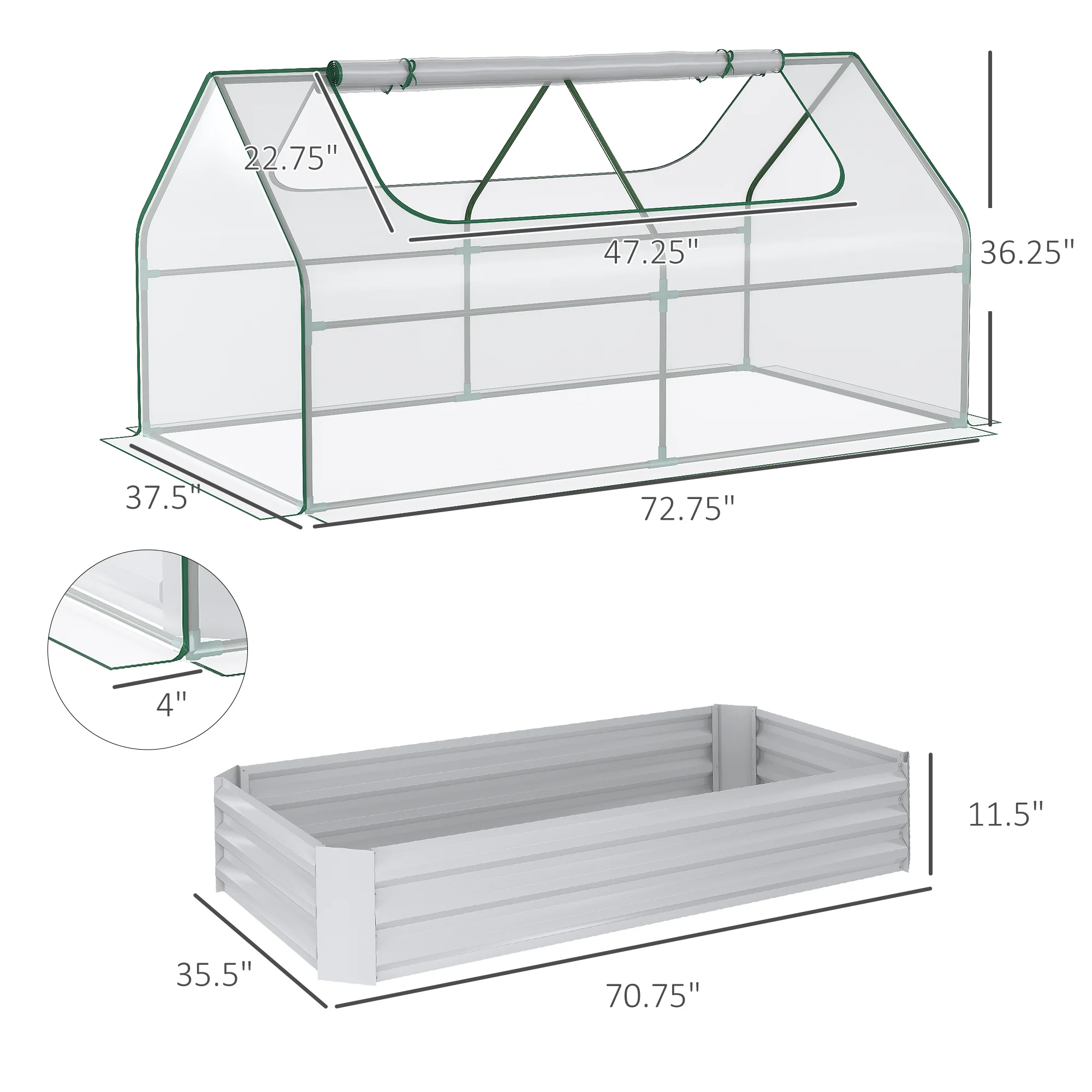 Steel Raised Garden Bed Planter Box Kit with Greenhouse, for Dual Use, Clear