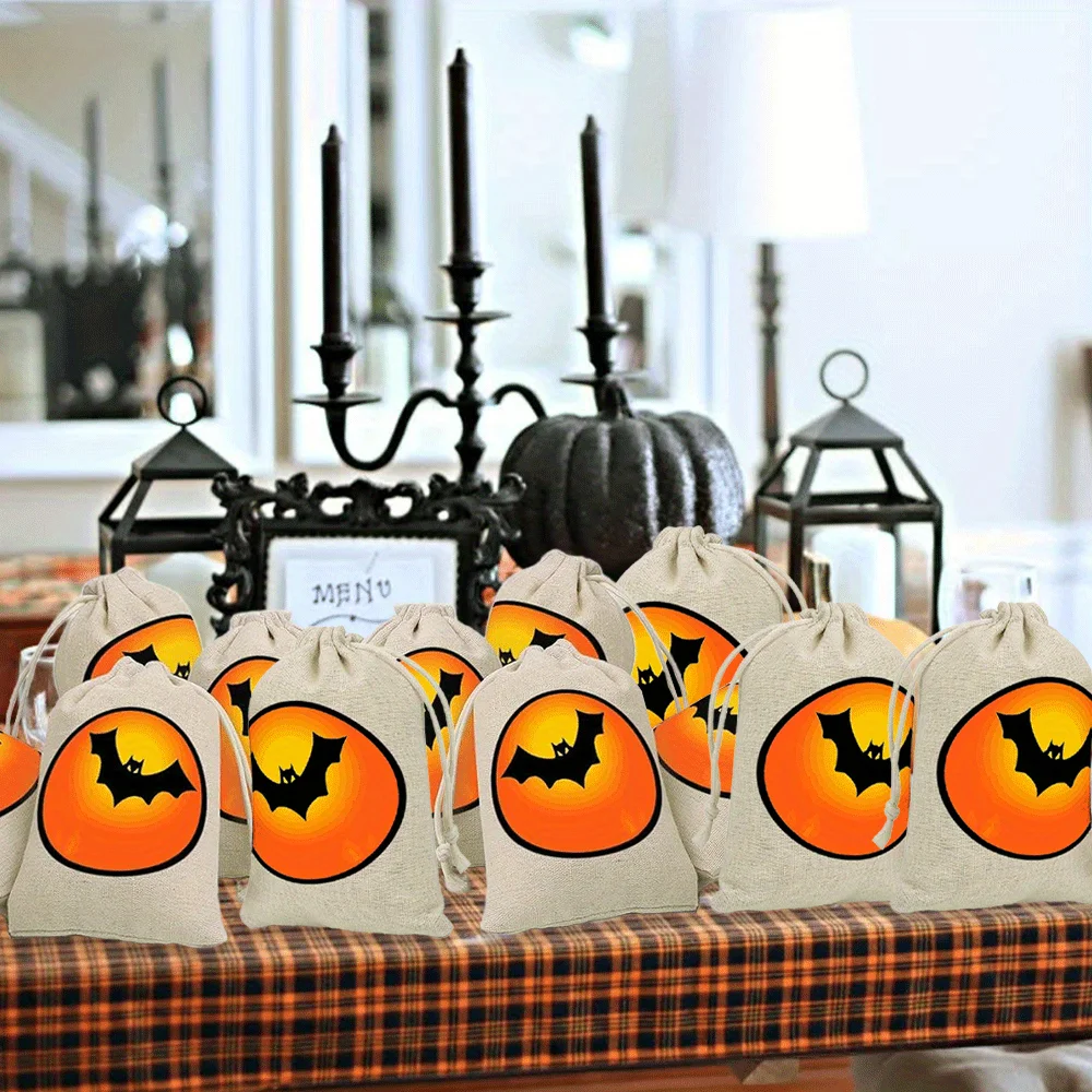 1/2/3pcs Bat Halloween Gift Bags Double Jute Drawstrings Burlap Bags Treat Bags Halloween Pouch Halloween Party Supplies