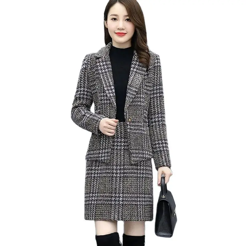 2023 Fashion Autumn Woolen Plaid Winter Two-piece Suit Women Casual Sets Short Blazers Jacket Coat Sheath Skirts 2-piece Sets