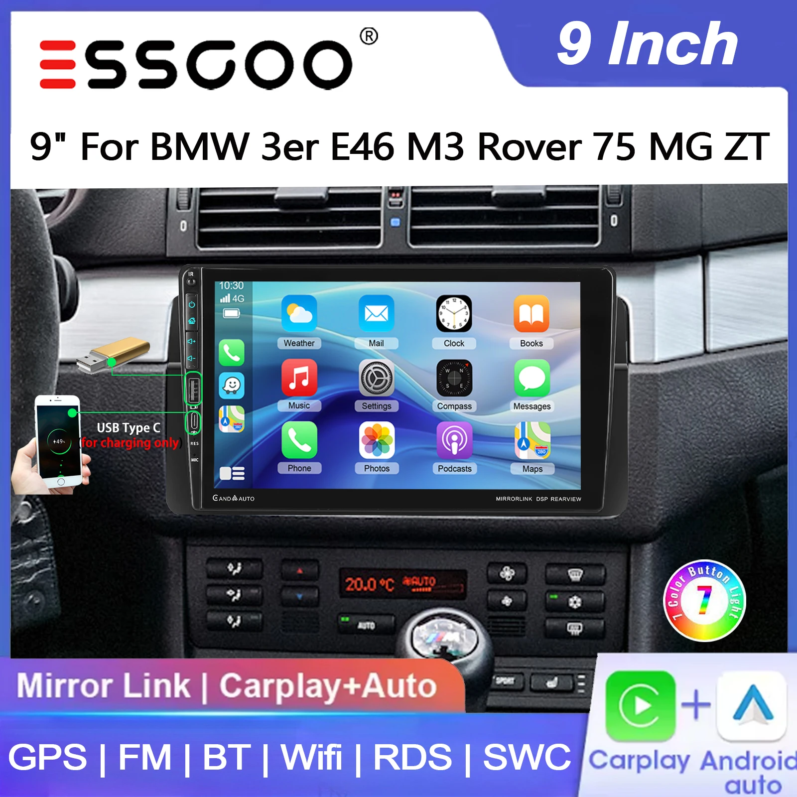ESSGOO 9" 4+64G Android 15 per BMW 3er E46 M3 Rover 75 MGZT, autoradio con Carplay wireless, Android Auto, navigazione GPS, radio, USB, Type-C, FM, Bluetooth, WiFi, RDS, ASP, Mirror Link, SWC, schermo