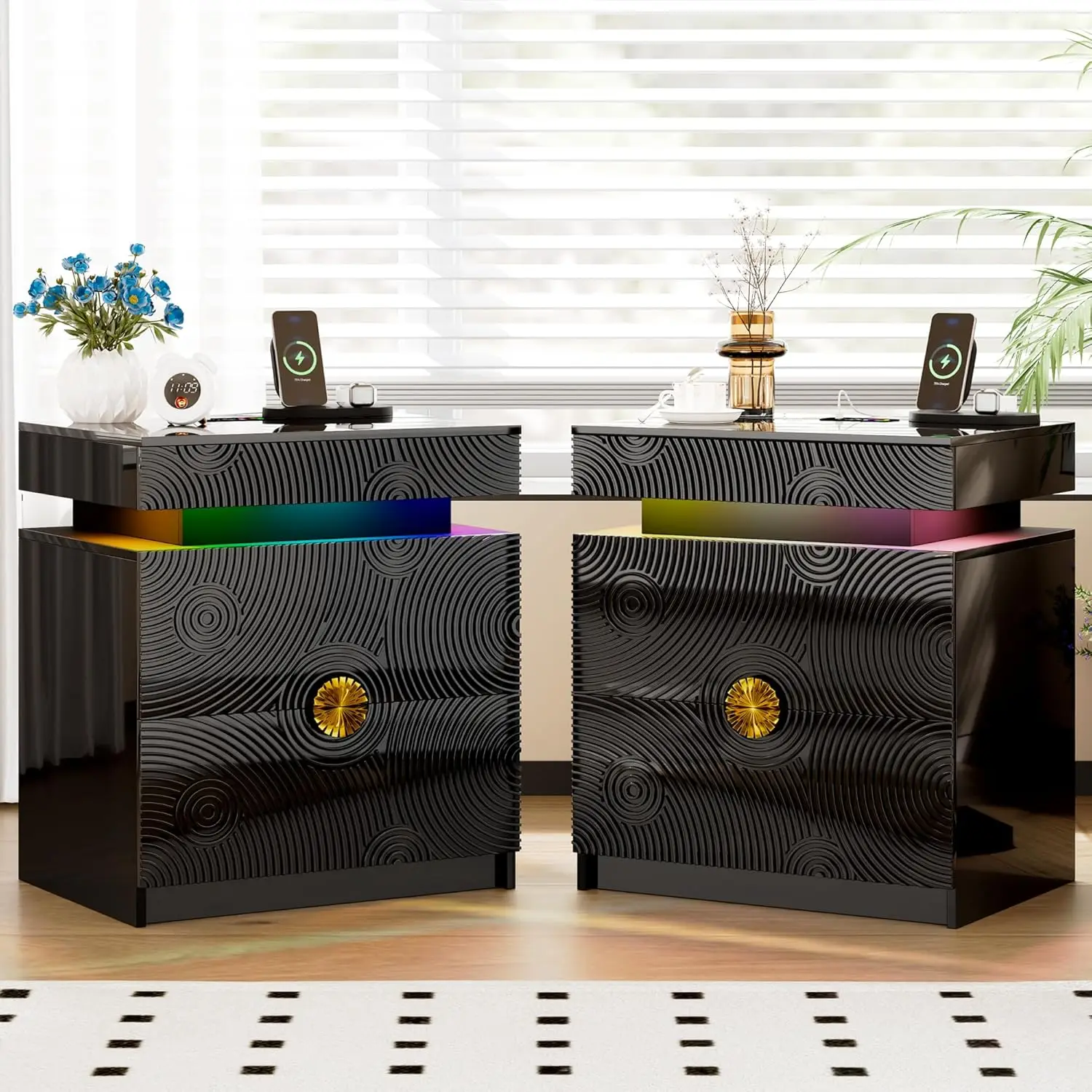 

Прикроватная тумба с LED-подсветкой, зарядной станцией и 24 цветами света, стеклянная столешница, 3 ящика, для спальни, черная, на заказ