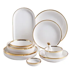 High Quality, Gold Edged Ceramic Bowls and Plates, Circular Household Dining Plates, Desserts, Dishes, Sushi, Kitchen Utensils