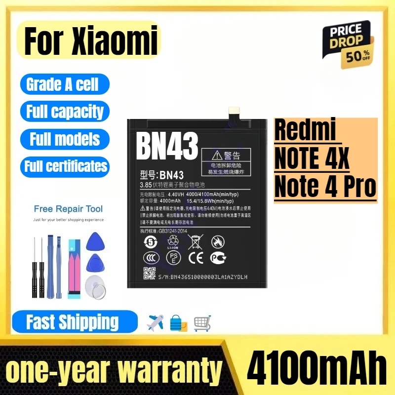 

BN43 for Xiaomi Redmi NOTE 4X/Note 4 Pro Phone Battery High Quality High Capacity Replacement Bateria Grade A Cell with Tools