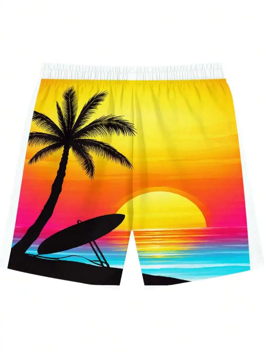 

Mens Beach Board Shorts With Tropical Sunset Print Casual Lightweight Summer Wear