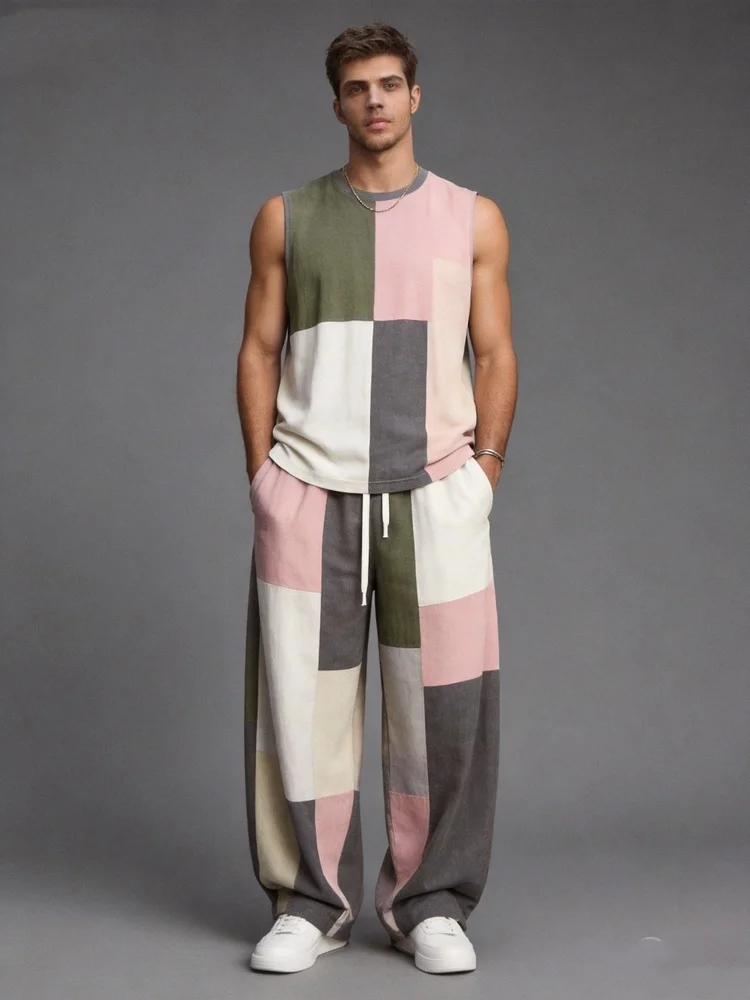 Men's Retro Color Block Patchwork Sleeveless Tank Top Drawstring Sweatpants Two Piece Art Street Set