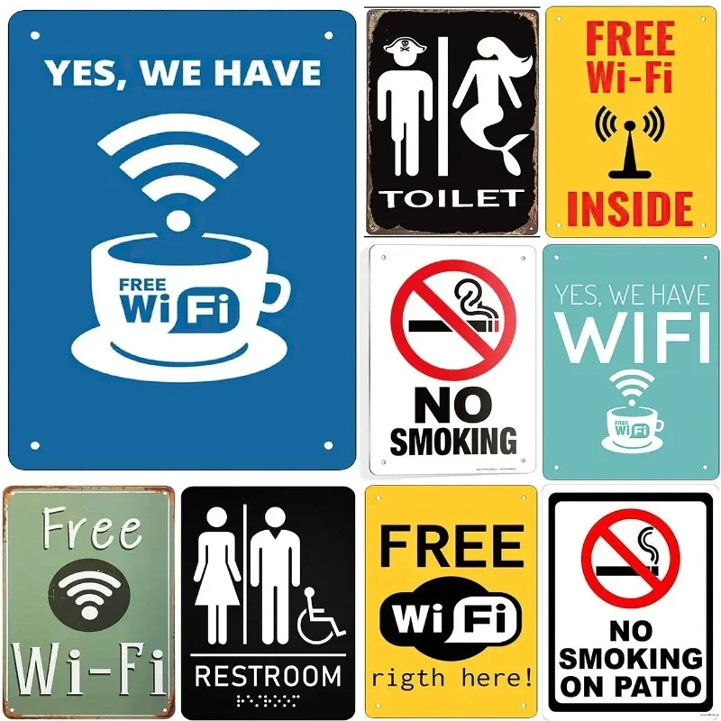 Retro Free Wifi No Smoking Washing Room Metal Tin Signs Vintage Posters for Game Room Bar Man Cave Cafe Home Wall Decor Gift