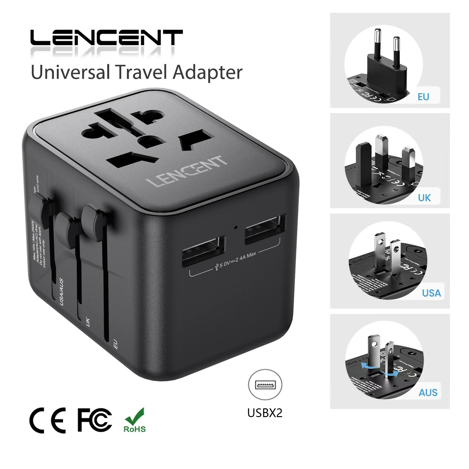 LENCENT Universal Travel Adapter with 2 USB Port All-in-One Worldwide Travel Charger Power Adapter EU/UK/USA/AUS plug for Travel