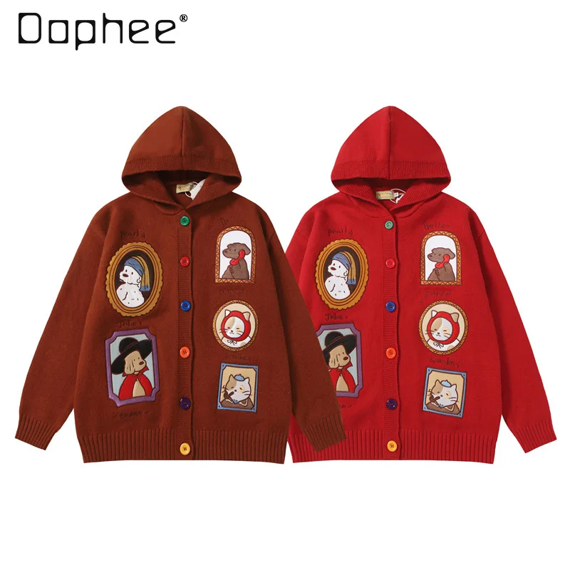 

Hoodie Autumn Winter Cat Embroidery Colorful Button Cardigan Women Thickened Hooded Embroidery Sweater Jacket Unisex