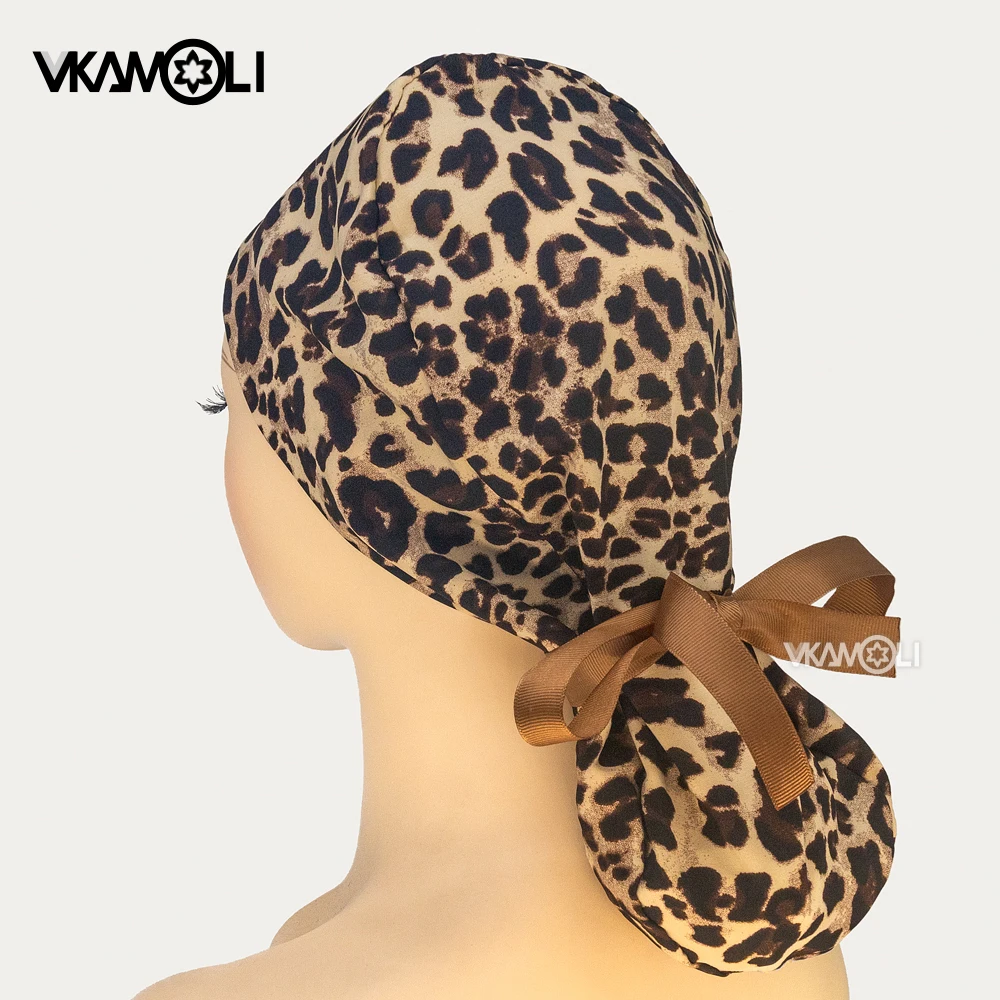 

Leopard print series ponytail hat with polyester stretch fabric print women's long hair Scrub Cap