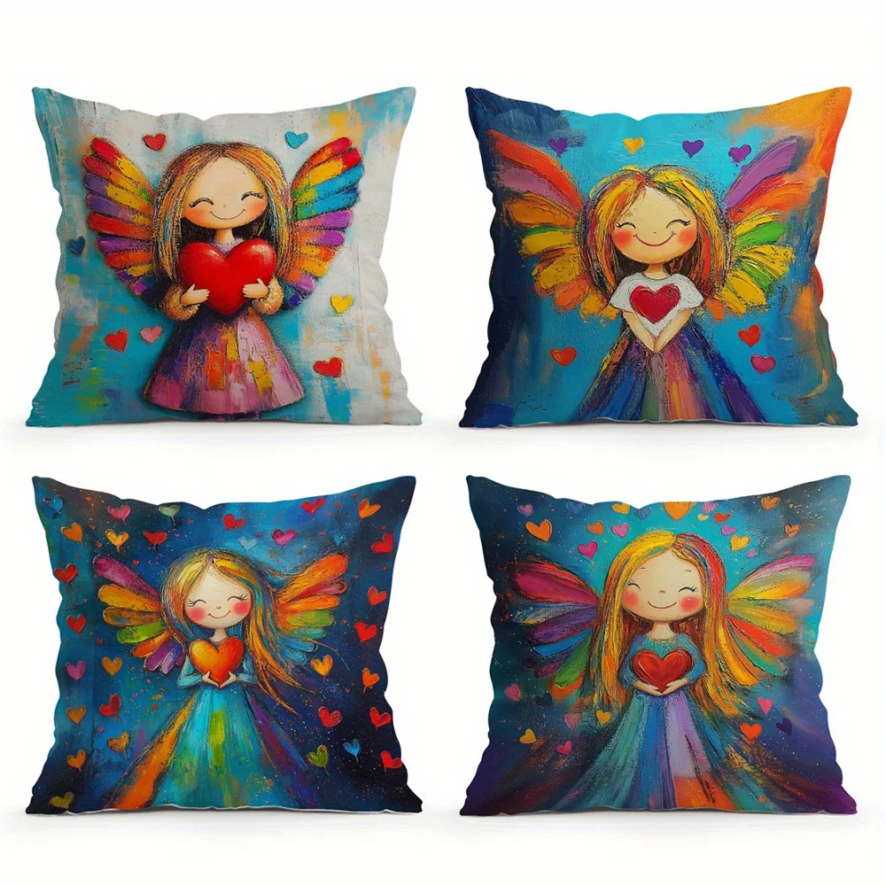 1PC 2D Flat Cute Angel Love Heart Throw Pillow Covers Rustic Oil Painting Home Decor Cushion Cases for Bedroom No Pillow Core