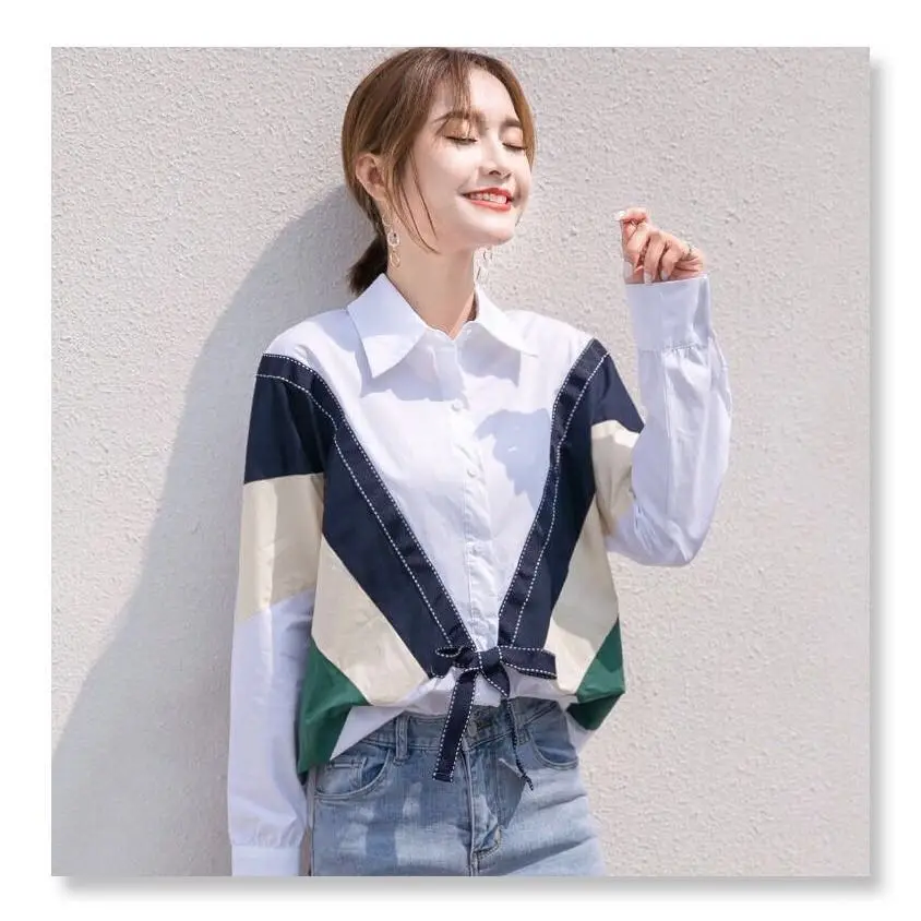 Korean Version Unique White Women\'s Shirt Spring Autumn New Versatile Long Sleeved Loose Slimming Patchwork Shirt Top for Women