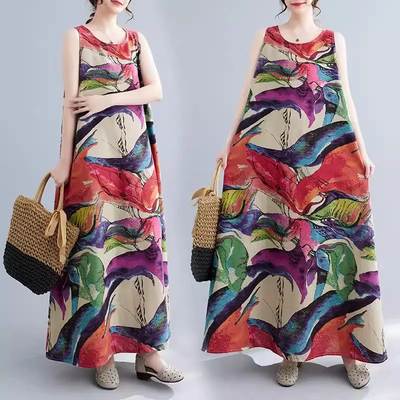 Summer New Retro Floral Linen A-Line Long Dress Women's Large Size Sleeveless Round Neck Mid Length Cotton Linen Dress