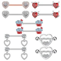 2pcs Heart Nipple Rings 316L Steel Pendant Barbell Shield Piercing for Women Girls Sexy Nipple Piercing Stainless Body Jewelry