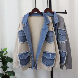 Knitted Cardigan Women Autumn Winter Casual Multiple Pockets Denim Patchwork Knitting Sweater Coat Turn Down Collar Knitwear