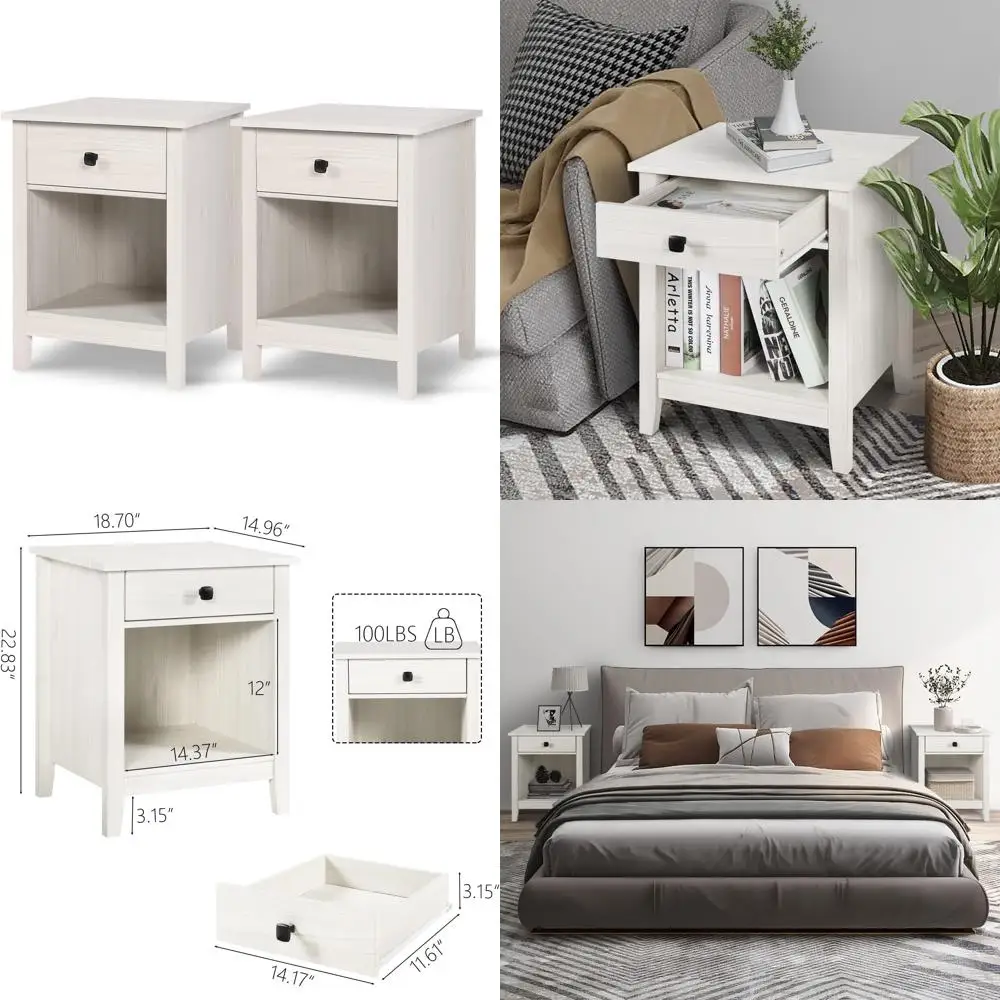 طقم منضدة نوم بيضاء مكونة من قطعتين مع أدراج، وطاولة بجانب السرير طويلة للمنزل الحديث، ومجموعة منضدة بدرج واحد #1