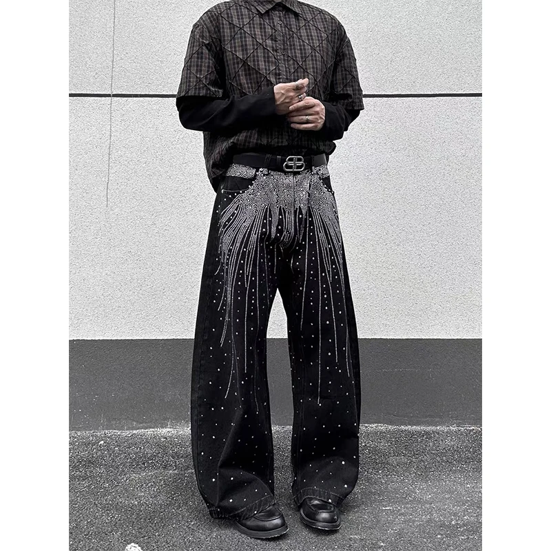 الرجال الأسود القوطي Y2k ايمو الجينز Harajuku خمر فضفاض سراويل جينز اليابانية 2000s نمط الجرونج حجر الراين الجينز السراويل الملابس #1