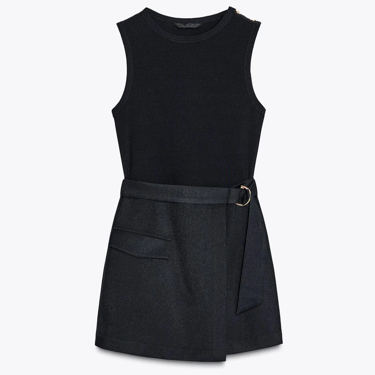 Spring New Women's American Workwear Sle round Ne Svel Belted Patchwork Jumpsuit High Waist A-Line Skirt ort Dr