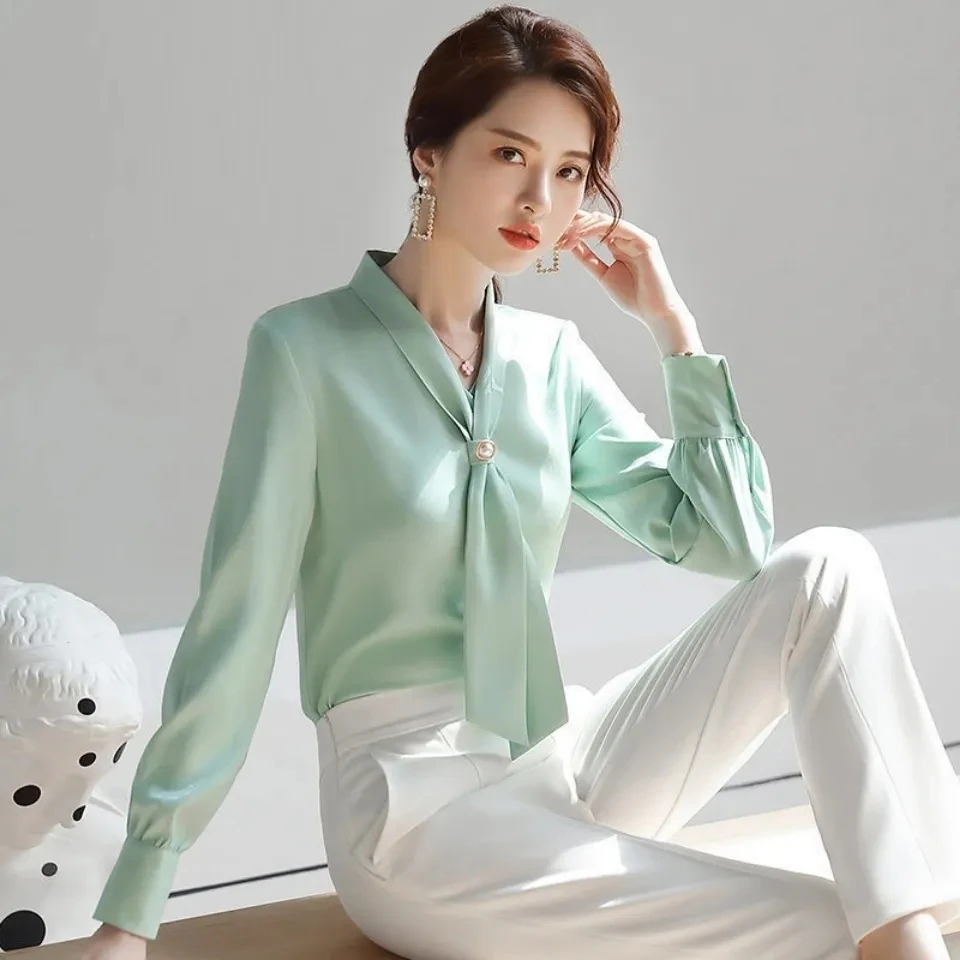 Y2K Women Chiffon Shirt Korean Elegant Pearl Scarf Collar Female Blouse Summer Fashion New All Match Long Sleeve Ladies Tops