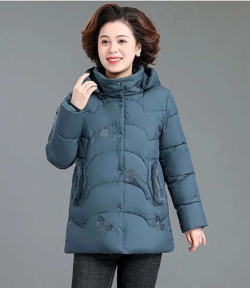 Chaqueta acolchada de algodón acolchada de invierno para mujer, Parkas gruesas de lana con capucha para abuela, abrigo de nieve bordado Retro holgado y cálido para mujer