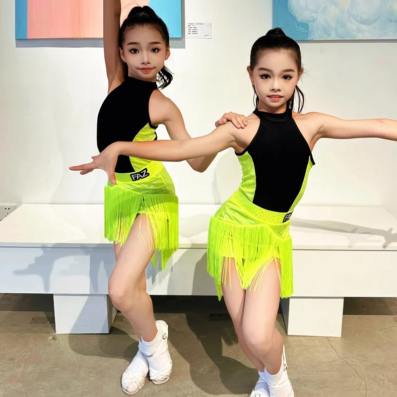 Neues Kinder-Rumba-Cha-Cha-Samba-Latin-Tanzkleid für Mädchen, Gesellschaftstanz, Kleider, Quastenrock, Fransen, lateinamerikanisches Übungskleid