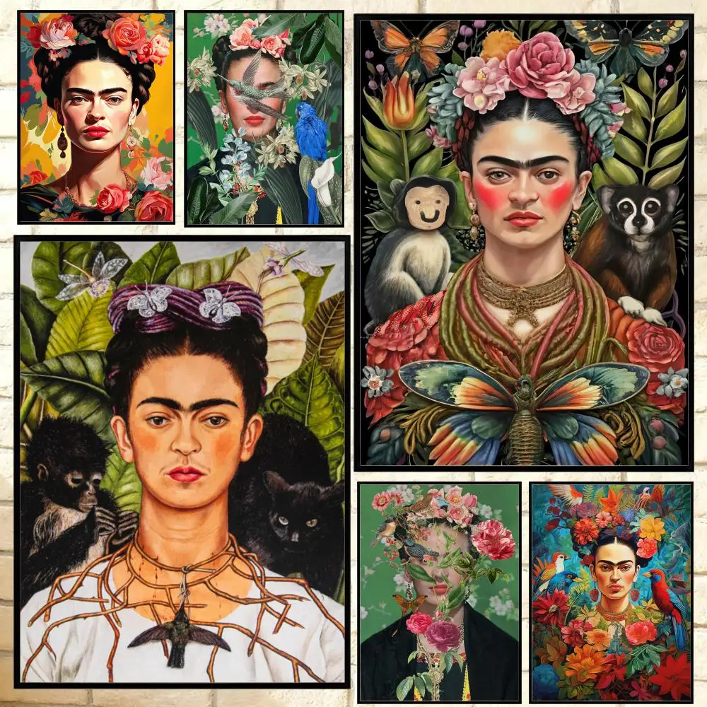 F-K-Kahlos Damen-Kunstposter mit Blumen, vielseitiges HD-wasserdichtes Wandkunst-selbstklebendes Dekor für jeden Raum, ideales Geschenk