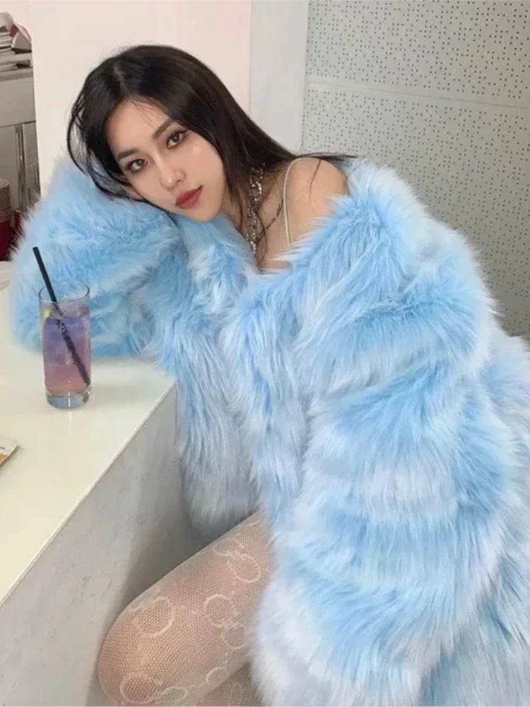 Super Hot Women\'s Winter Fluffy Jacket Coats Elegant Blue Faux Fur Coats Female Long Sleeve Thick Warm Outerwears Lady Oversize