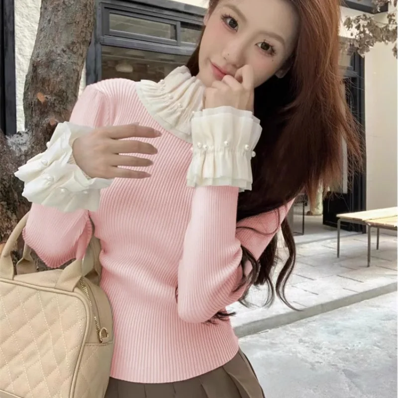 Kobiety Koreańska moda Ruffled Beaded Half High Collar Basic Knitted Sweater Autumn Winter Elegant Chic Long Sleeve Slim Pullovers