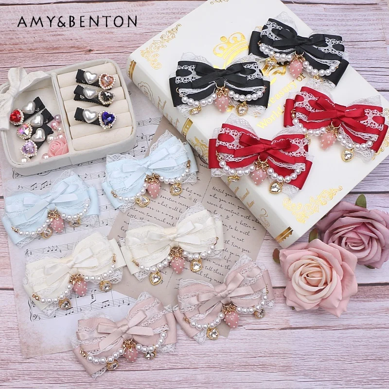 

Handmade Japanese Mine Mass-Produced Lace Hair Clips Sweet Cute Beaded Bow Heart Rhinestone Hair Bows Lolita Hair Accessories