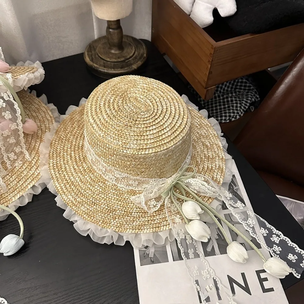

Sunscreen Lace Bow Straw Hat Flower Wide Brim Outing in Spring Tulip Hat UV Protection Boho Summer Beach Sun Hat Spring Walk
