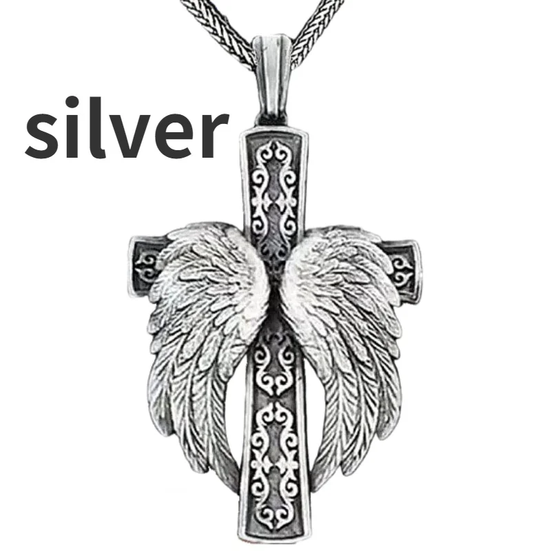 Fashion Cross Necklace Religious Belief Jesus Cross Angel Wings Pendant Hip Hop Necklaces for Men Cross Jewelry Anniversary Gift