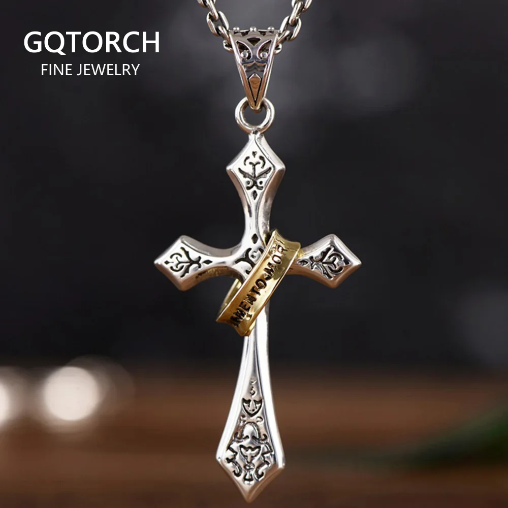 

925 Sterling Silver Jesus Cross Pendant Memento Mori Flower Carving With Gold Color Circle Vintage Personality Retro Type