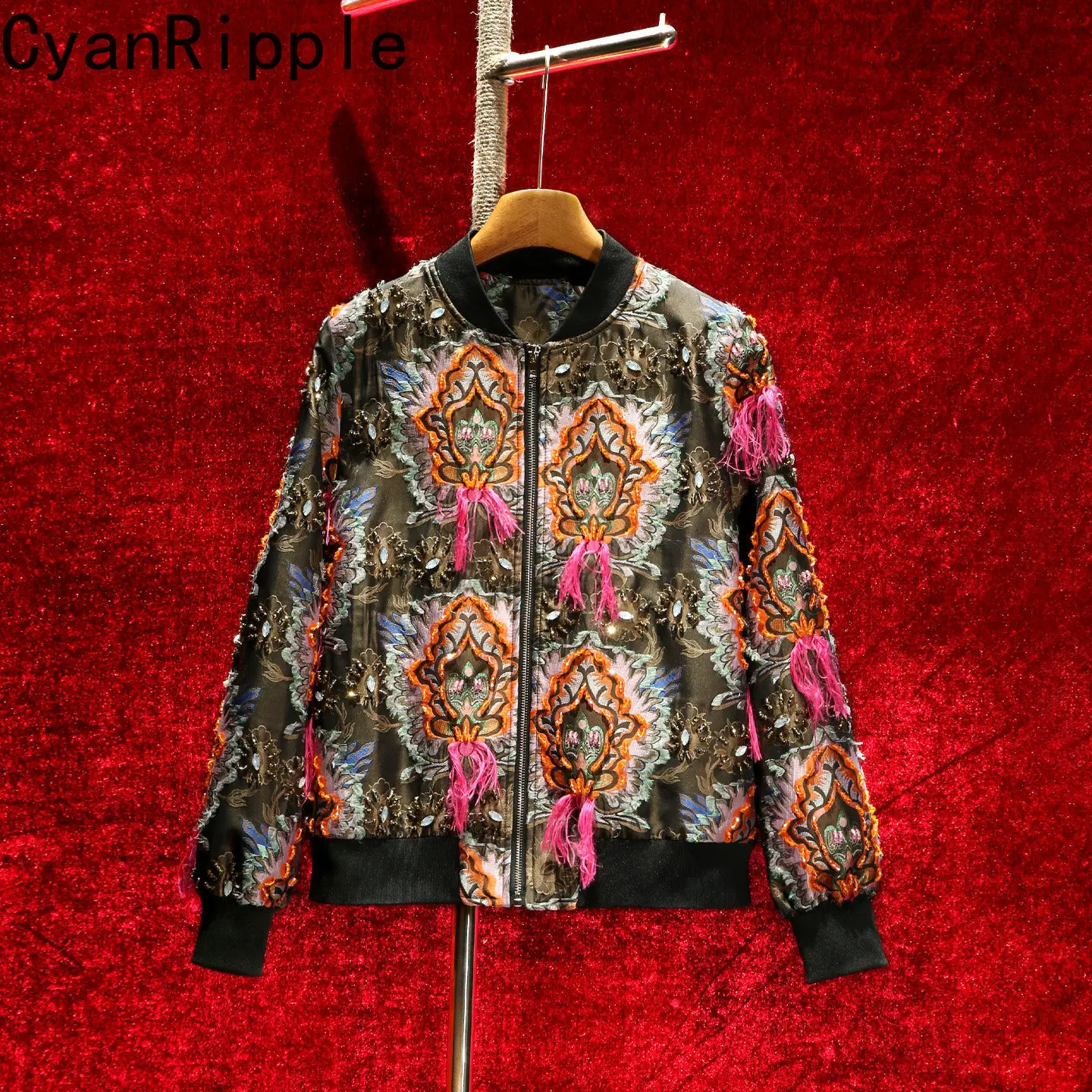 High Quality New Autumn Stand Collar Baseball Jacket All-match Luxury Beading Tassel Long Sleeve Women Jacquard Cardigans Coat
