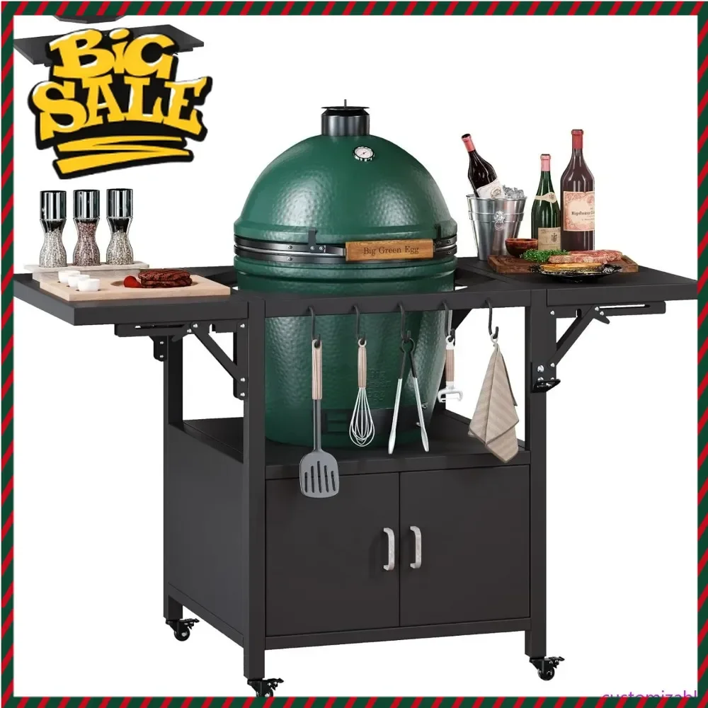 Hot salesPortable Outdoor Grill Cart for Big Green Egg, Adjustable Prep Table with Storage, Metal Dining Cart Featuring 2 Remova
