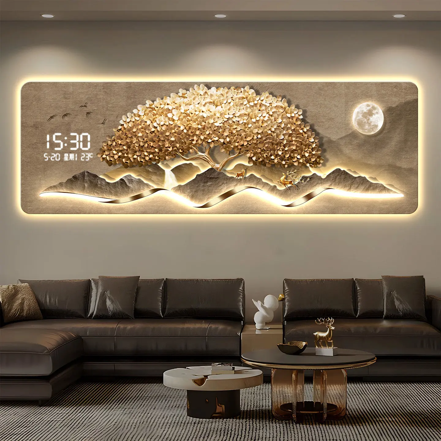 Modern Luxury Wealth Tree Living Room Decoration Painting Led Electronic Clock Sofa Background Wall Painting Horizontal Version