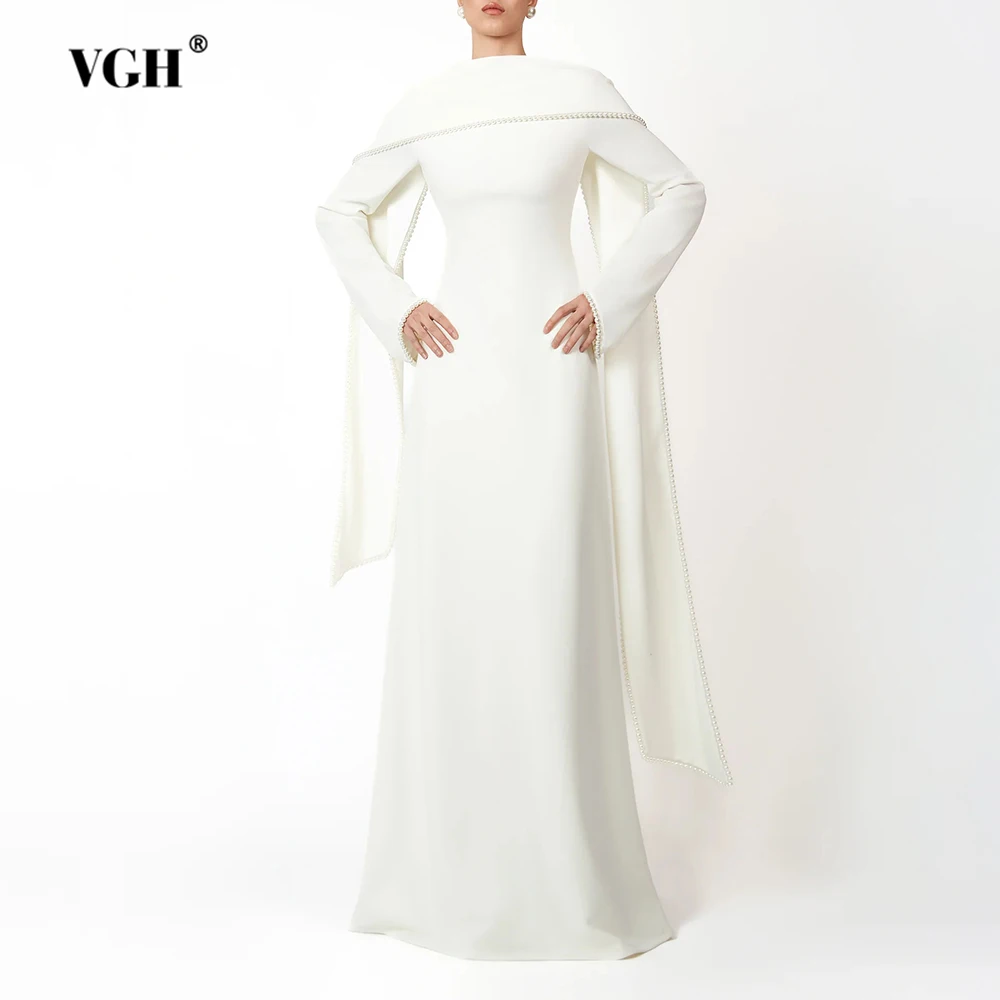 

VGH Elegant Solid Color Slimming Dress for Women Scarf Collar Long Sleeve High Waist Patchwork Cape Evening Long Dresses Female