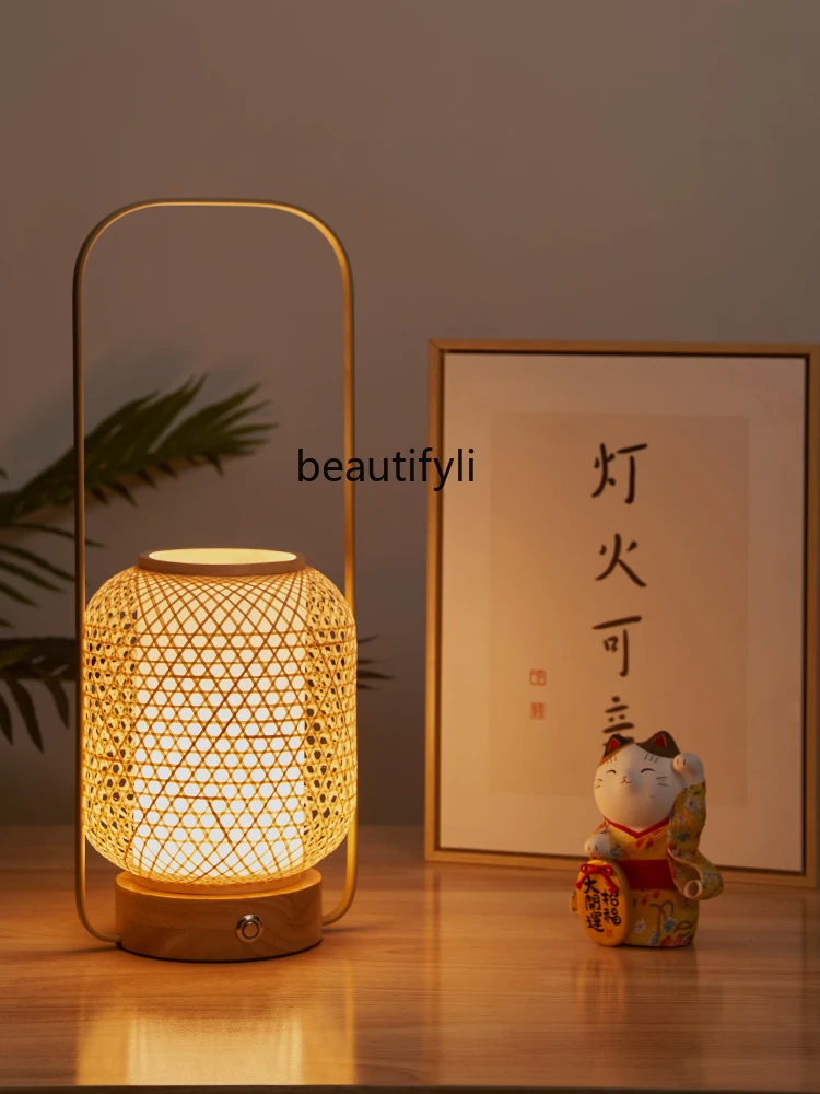 New Chinese Style Retro Zen Hand-Woven Lamps Japanese Style Bedside Bedroom Camping Atmosphere Portable Decorative Table Lamp