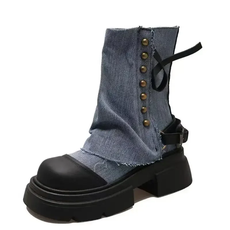 

2024 new women's thick-soled short boots fashionable splicing short boots women's pants boots thick-soled non-slip cowboy boot
