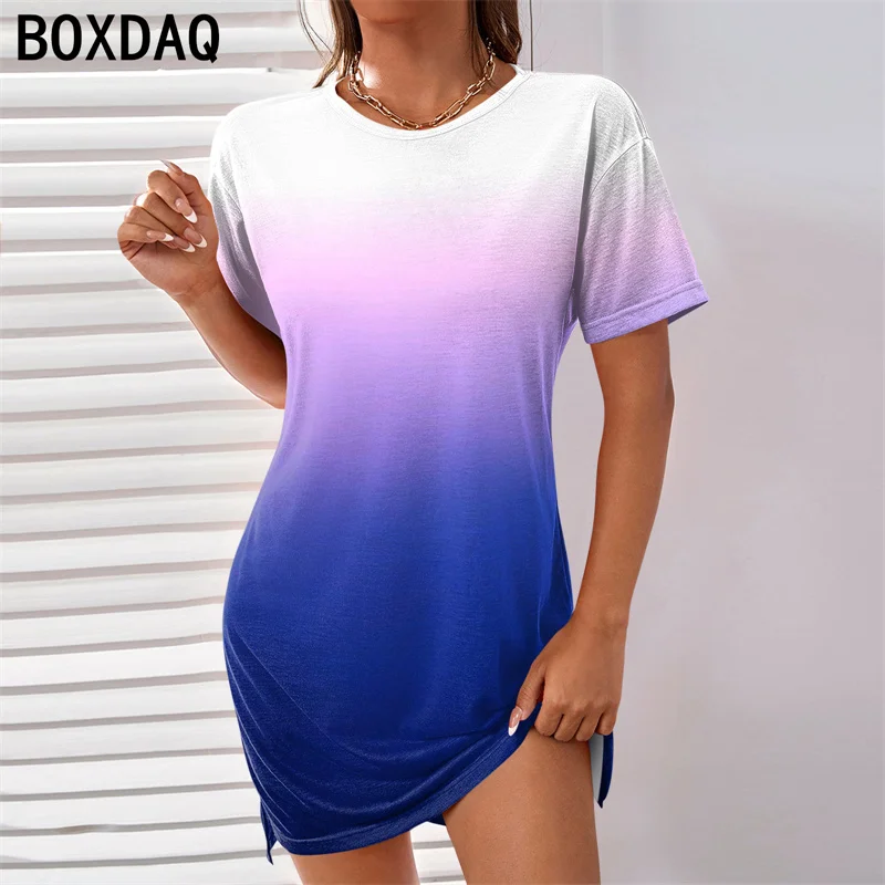 Fashion Colorful Gradient Print Dress Women Summer Boho Beach Holiday Mini Dress Big Size Short Sleeve Casual Dress Sundress