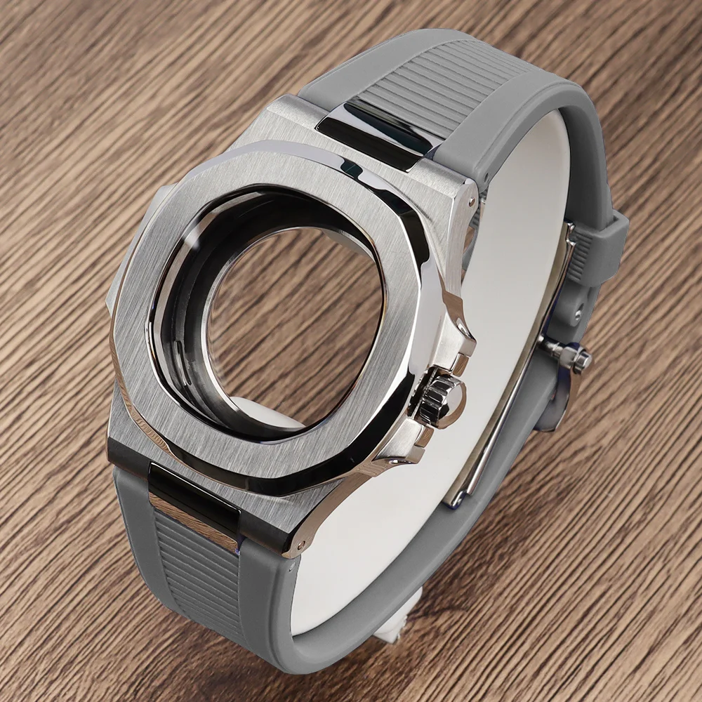 

Корпус для часов 40 мм с автоматическим механизмом NH35/NH38, серебристый, с резиновым ремешком и сапфировым стеклом, в стиле Nautilus, запчасти и аксессуары для часов.