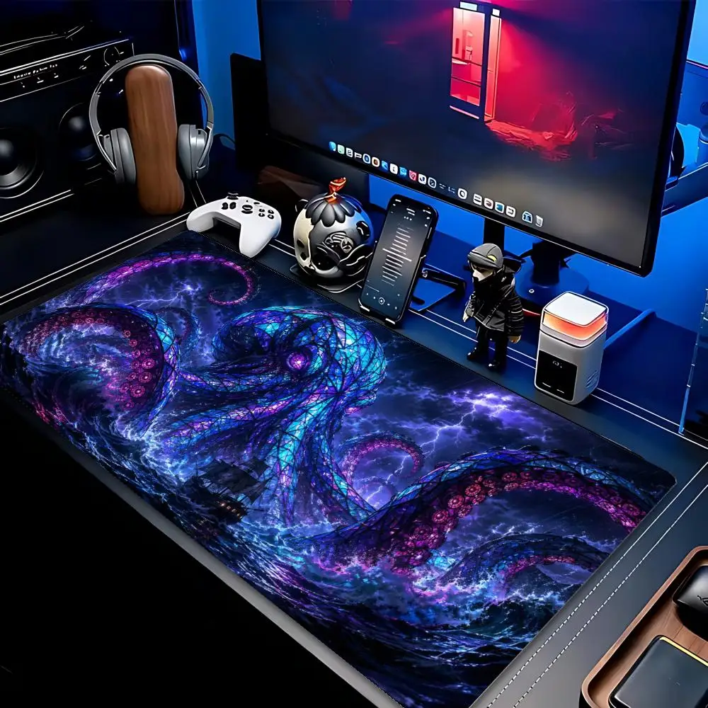 XXL Pc Game Deskmat Stained Glass Kraken Sea Monster Thunder Wave Large Mouse Pad Non‑Slip Rubber Keyboard Mats Gamer Mousepads